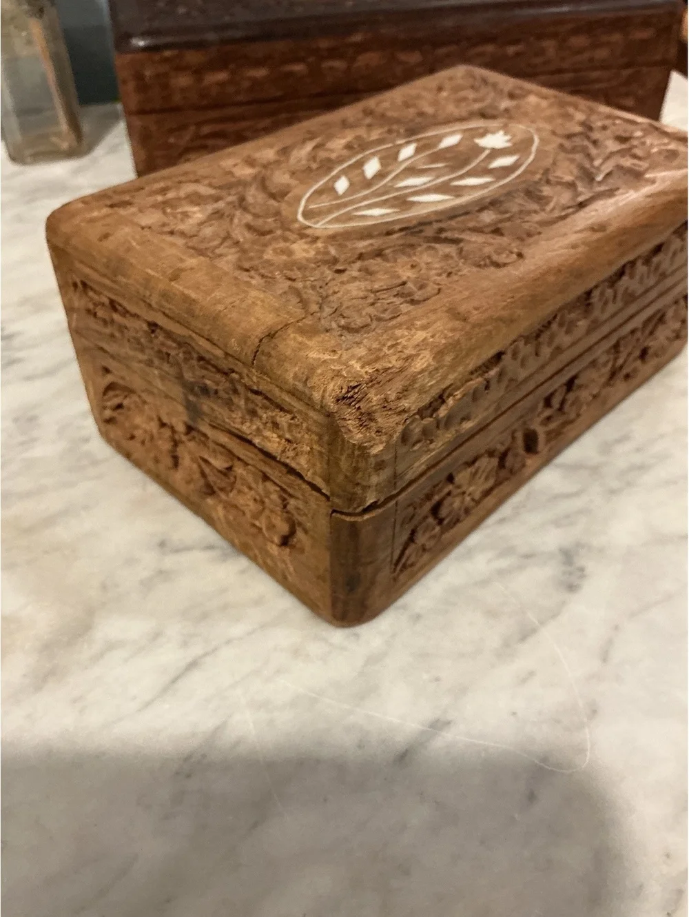 Vintage Indian Carved Wood Shell Inlay Box